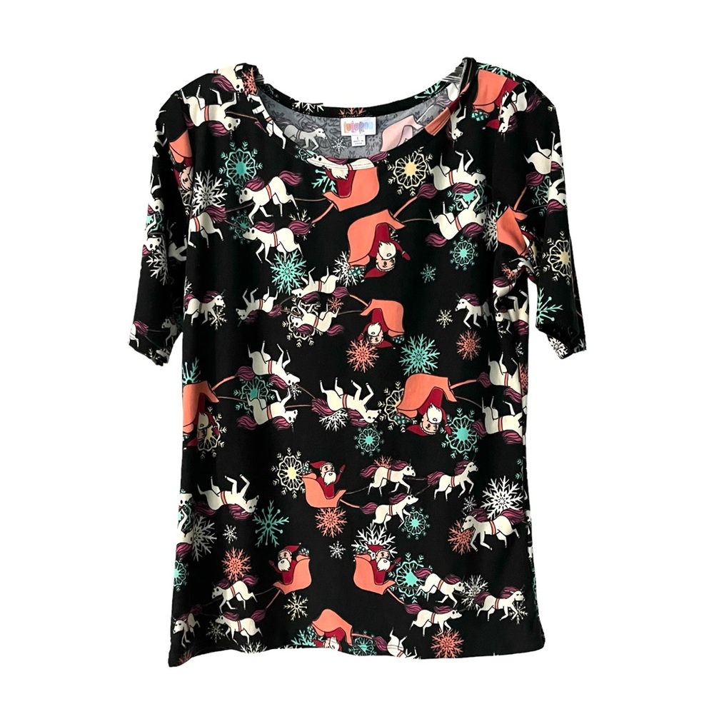 LuLaRoe Gigi Black T-Shirt Christmas Santa Unicorn Reindeer Snowflakes Size L